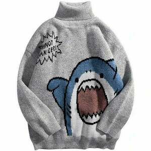 Cute Shark Print Y2K Style Oversized Turtleneck Sweater