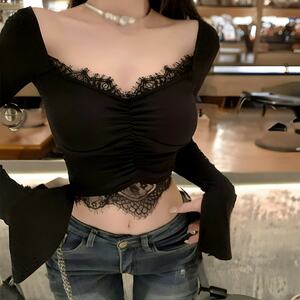 Edgy Y2K Gothic Lace Crop Top for Streetwear Style