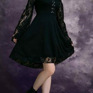 Gothic A-line Dress with Flare Sleeves and Patchwork Design - Y2K Streetwear Chic