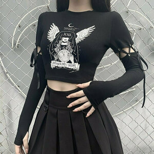 Gothic Black Witch Print Top - Embrace Y2K Dark Style