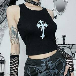 Gothic Cross Print Tank Top - E-Girl Chic Sleeveless & Cropped Top