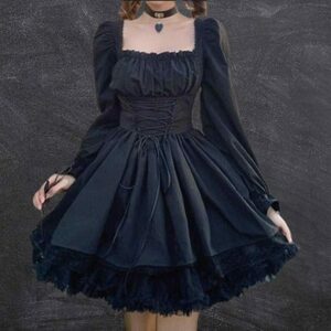 Gothic Lace-Up A-line Lolita Dress with Square Neckline