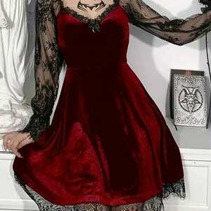 Gothic Red Velvet Dress: Y2K Streetwear Elegance