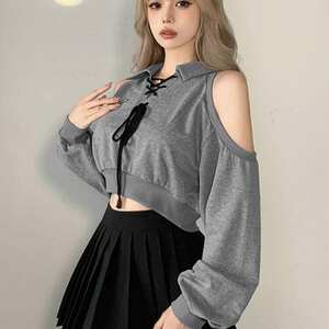 Harajuku Gray Off-Shoulder Hoodie - Y2K Streetwear Trend