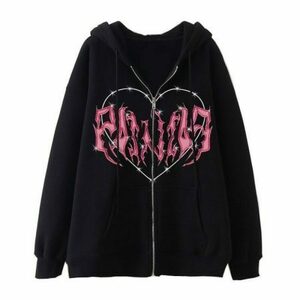 Harajuku Heart Zip-Up Hoodie: Y2K Retro Streetwear