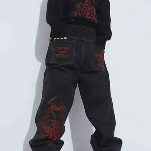 Urban Y2K Style Loose Fit Skeleton Embroidered Men's Jeans