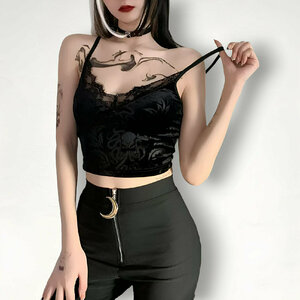 Velvet Floral Lace Crop Top - Y2K Gothic Grunge Fashion