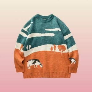 Y2K Cow Print Knit Grandpa Style Sweatshirt