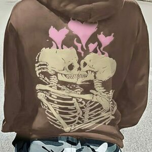 Y2K Love Streetwear Skeleton Print Hoodie Kangaroo Pocket