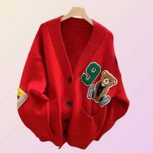 Y2K Streetwear Chic Kawaii Bear Embroidered Cardigan