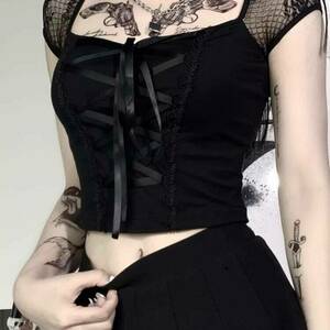 Y2K Streetwear Gothic Lace Patchwork T-Shirt for Women