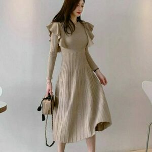 Y2K Vintage A-line Midi Sweater Dress with Knit Ruffles