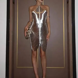 2024 Fashion Metallic Bodycon Dress for Women - Sexy Elegant Evening Party Vestido