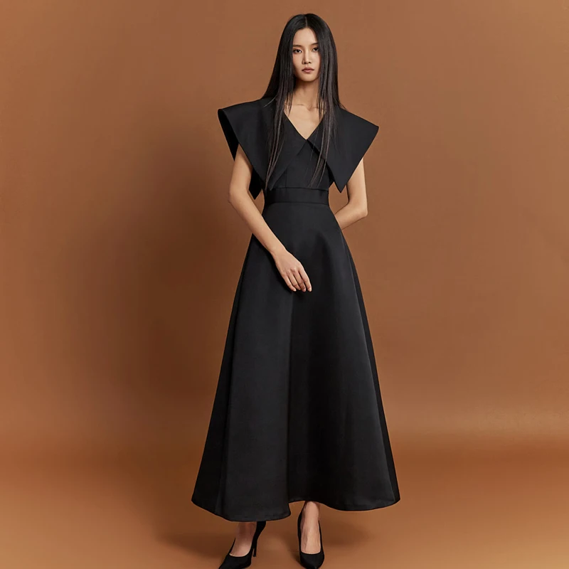 2024 Korean Fashion OL Big Collar Black Dress - Elegant A-line