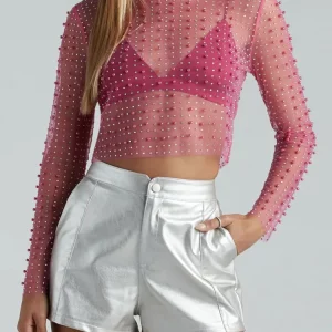 2024 New Sexy Mesh Hot Drilling Sheer Crop Top, O Neck Long Sleeve Femme See-Through T-shirt