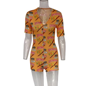 2024 Printed V-Neck Short Bodysuits for Women