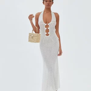 2024 Sexy Hollow Out Knit Crochet Long Dress - Backless Halter Neck Metal Ring Bodycon