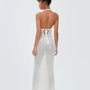 2024 Sexy Hollow Out Knit Crochet Long Dress - Backless Halter Neck Metal Ring Bodycon