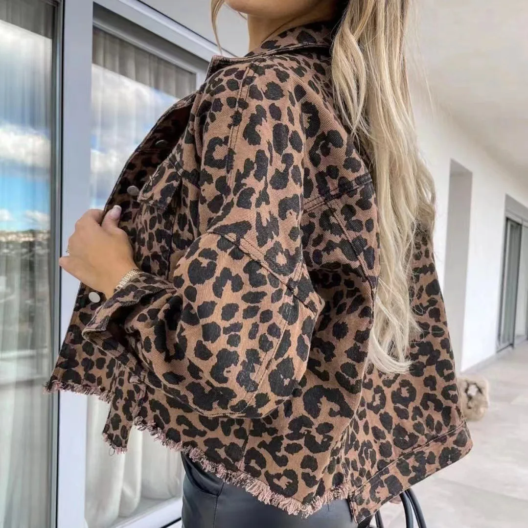 2024 Spring Autumn Denim Jacket Leopard Print Y2K Hip Hop Women's Casual Jacket