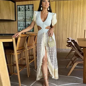 2024 Spring Hollow Out Split Maxi Dress Sexy O Neck Patchwork Shoulder Elegant Vacation Robe