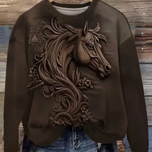 2024 Spring Plus Size Horse Print Sweatshirt - Women's Oversize Fashion Crew Neck