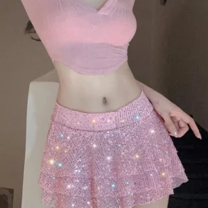 2024 Spring Summer Glitter Sequin Pleated Mini Skirt for Women - Sexy Streetwear for Party Nights