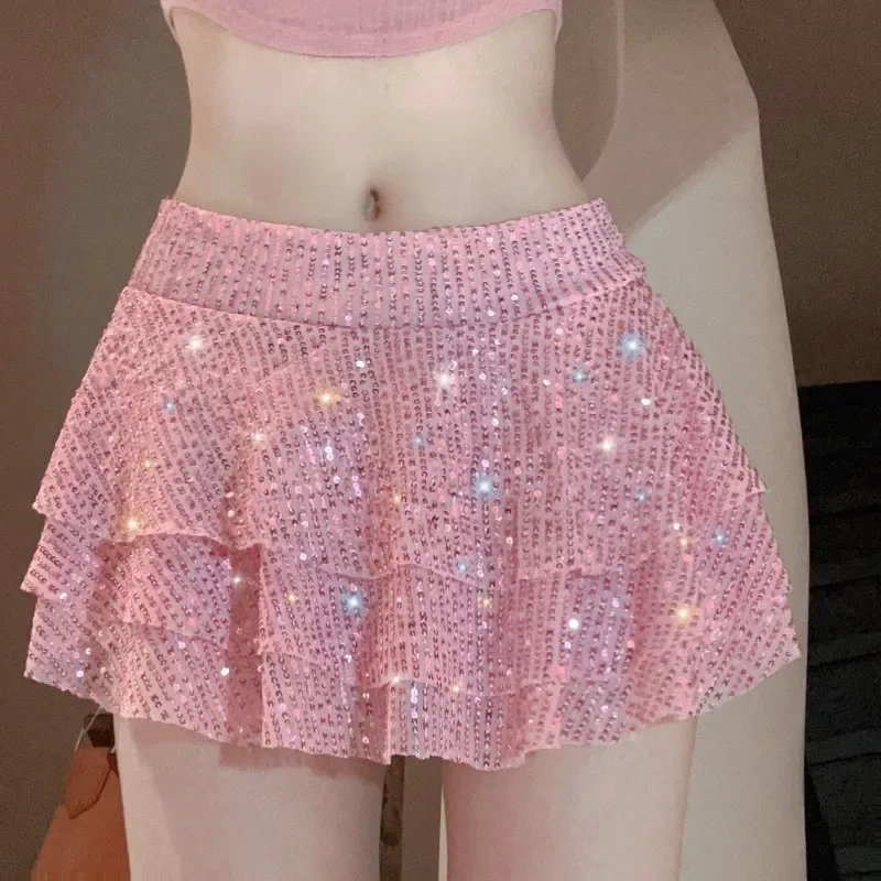 2024 Spring Summer Glitter Sequin Pleated Mini Skirt for Women - Sexy Streetwear for Party Nights