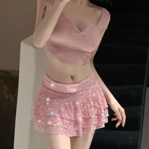 2024 Spring Summer Glitter Sequin Pleated Mini Skirt for Women - Sexy Streetwear for Party Nights