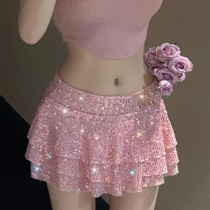 2024 Spring Summer Glitter Sequin Pleated Mini Skirt for Women - Sexy Streetwear for Party Nights