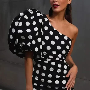 2024 Spring White Dot One Shoulder Mini Dress - Sexy Slim Fit Fashion Party Gown