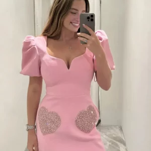 2024 Summer Heart Sequins Mini Dress V Neck Pink Robe