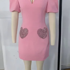 2024 Summer Heart Sequins Mini Dress V Neck Pink Robe