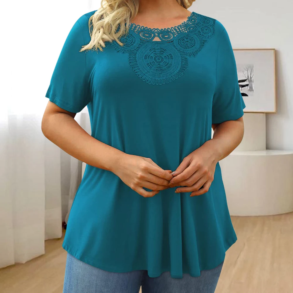 2024 Summer Plus Size Women's Solid Color T-shirt - Casual Korean Pullover Top