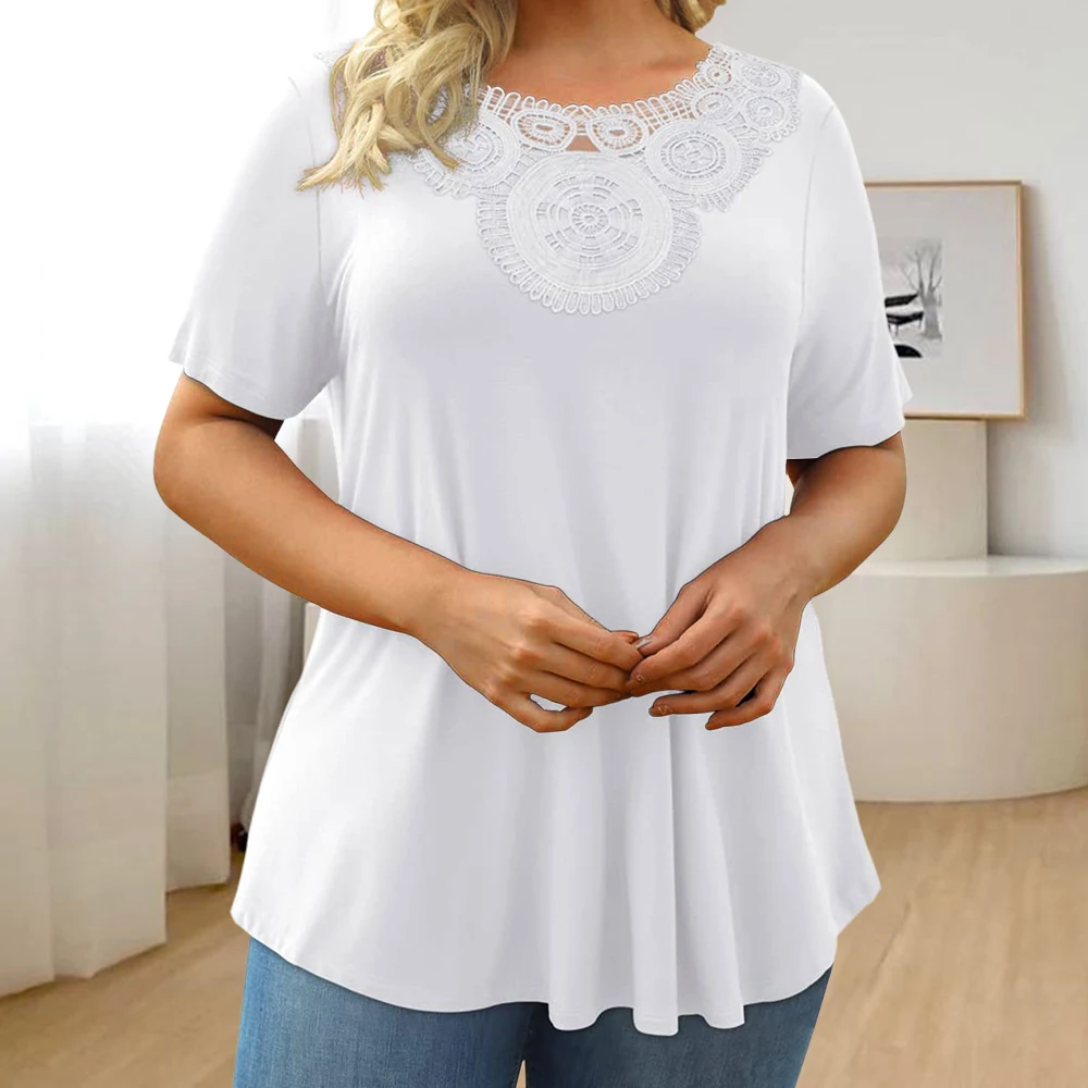 2024 Summer Plus Size Women's Solid Color T-shirt - Casual Korean Pullover Top