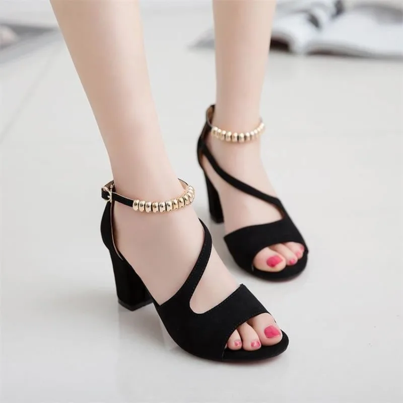 2024 Summer Sexy Fish Mouth Hollow Roman Sandals with Beaded High Heels