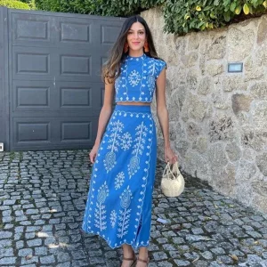 2024 Summer Women Printed Patchwork Sleeveless Top and Long Skirt Set