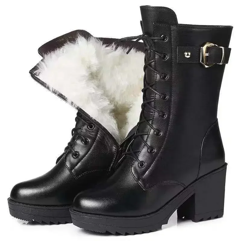 2024 Winter High-heeled Leather Snow Boots for Women