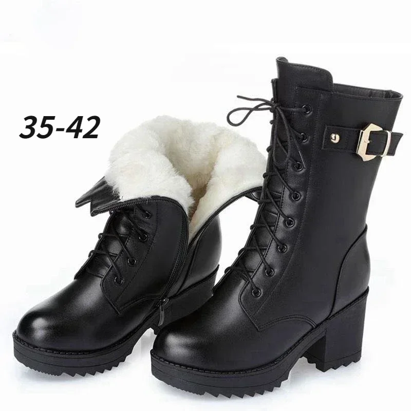 2024 Winter High-heeled Leather Snow Boots for Women