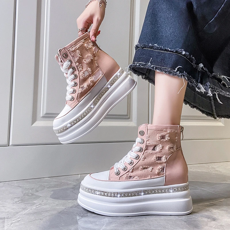 2024 Women's High Top Platform Canvas Shoes with Rhinestone Detail