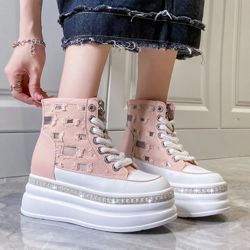 2024 Women's High Top Platform Canvas Shoes with Rhinestone Detail