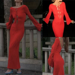 2024 Women's Knitted Long Dress with Cutout Tie Front, Flare Sleeve - Beach Party Slim Fit