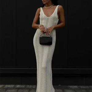 2024 Women's Sexy Beach Hollow Out Knitted Dress - Summer Spaghetti Strap Club Party Backless Wrap