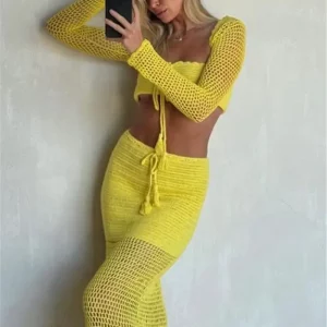 3-Piece Knit Swimsuit Set with Sexy Maxi Dress for Beach & Club