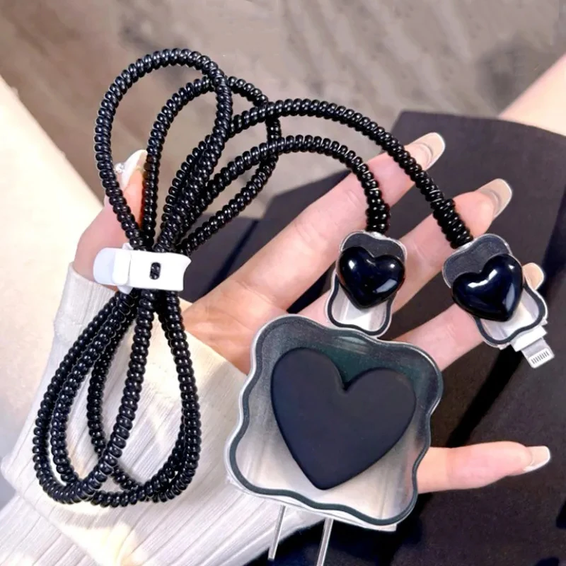 3D Black Love Heart Silicone USB Cable Protector for Apple iPhone