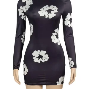 3D Flower Print Black Dress Women O-Neck Long Sleeve Mini Dress - 2024 Spring Streetwear