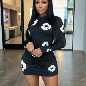 3D Flower Print Black Dress Women O-Neck Long Sleeve Mini Dress - 2024 Spring Streetwear