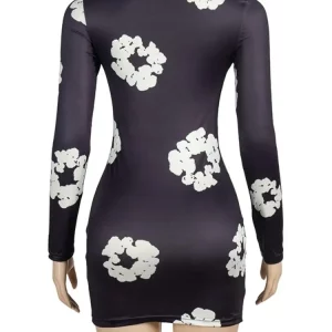 3D Flower Print Black Dress Women O-Neck Long Sleeve Mini Dress - 2024 Spring Streetwear