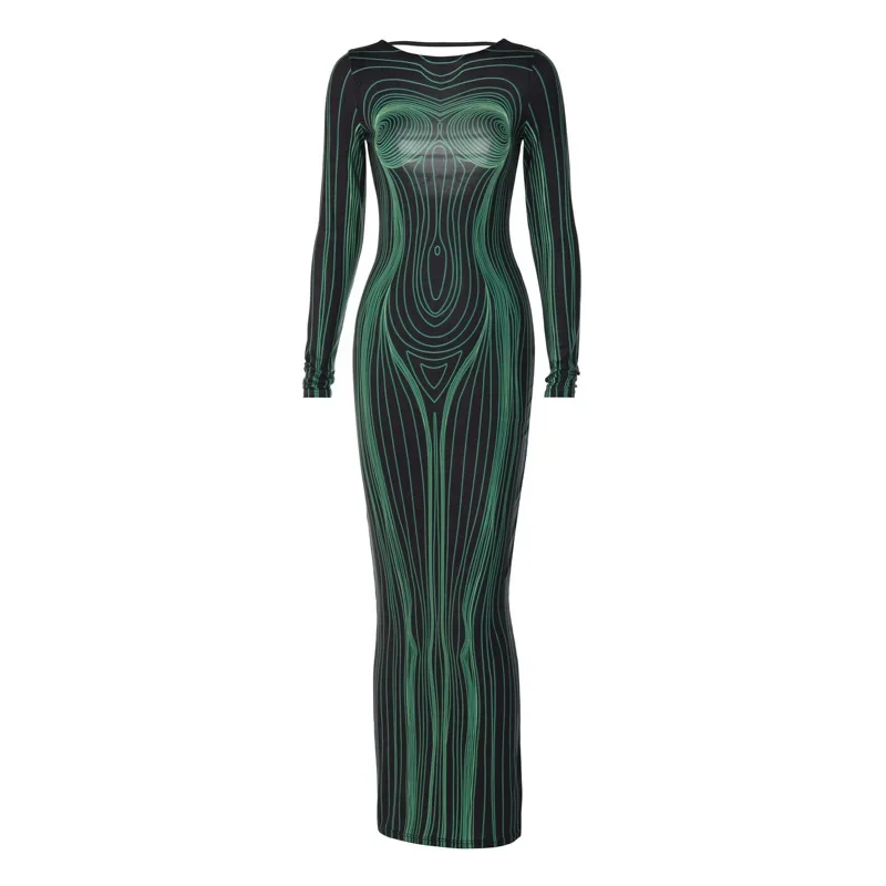 3D Sci-Fi Line Print Bodycon Dress for Women - Y2K Fashion Streetwear Party Clubwear