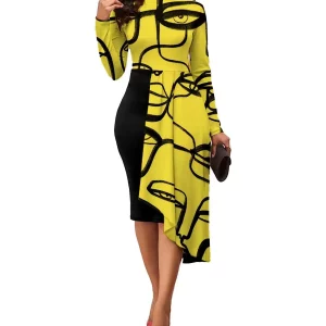 Abstract Figure Print Plus Size Casual Dress, Women's Long Sleeve Round Neck Asymmetrical Hem Midi