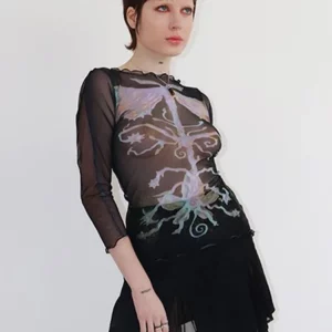 Abstract Graphic Print Women's Mesh See-Through Bodycon Crop Top